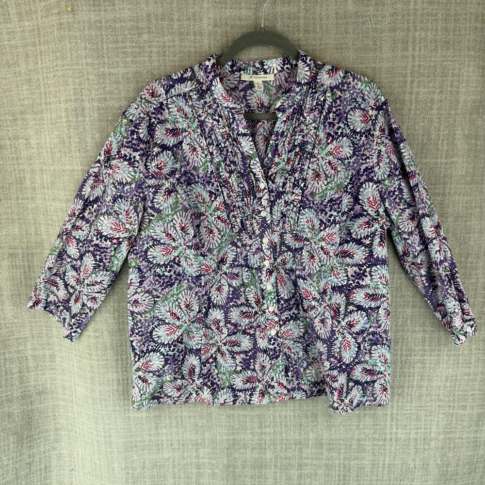 JM Collection Tunic Blouse Womens 18 Purple Floral V-Neck 3/4 Sleeve Pleated